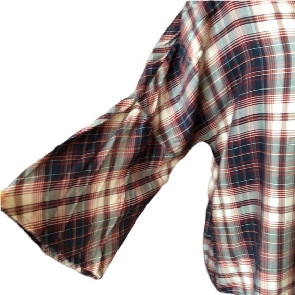 COMO Blu Tunic Size Large Red Plaid Blouse 3/4” Bell Sleeves Back Keyhole New - Picture 3 of 8